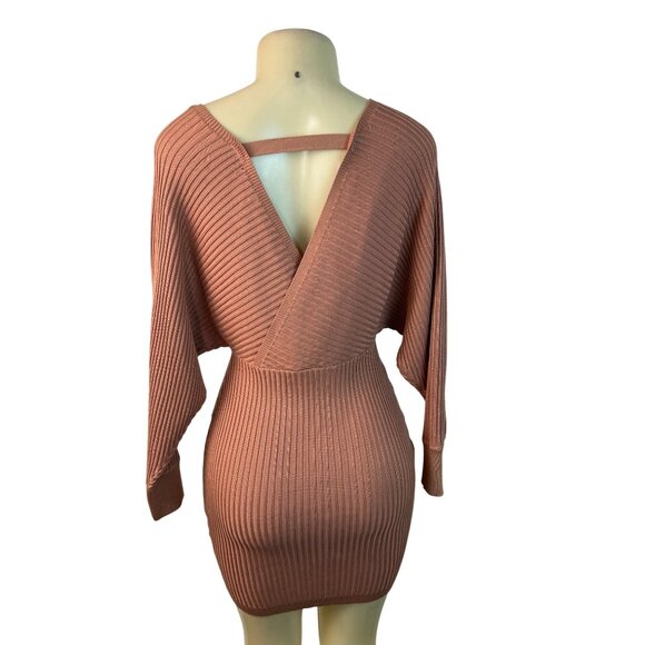 Love Tree Women's Salmon Ribbed Knit Bodycon Mini Dress With Dolman Sleeves Sz S - Picture 3 of 8